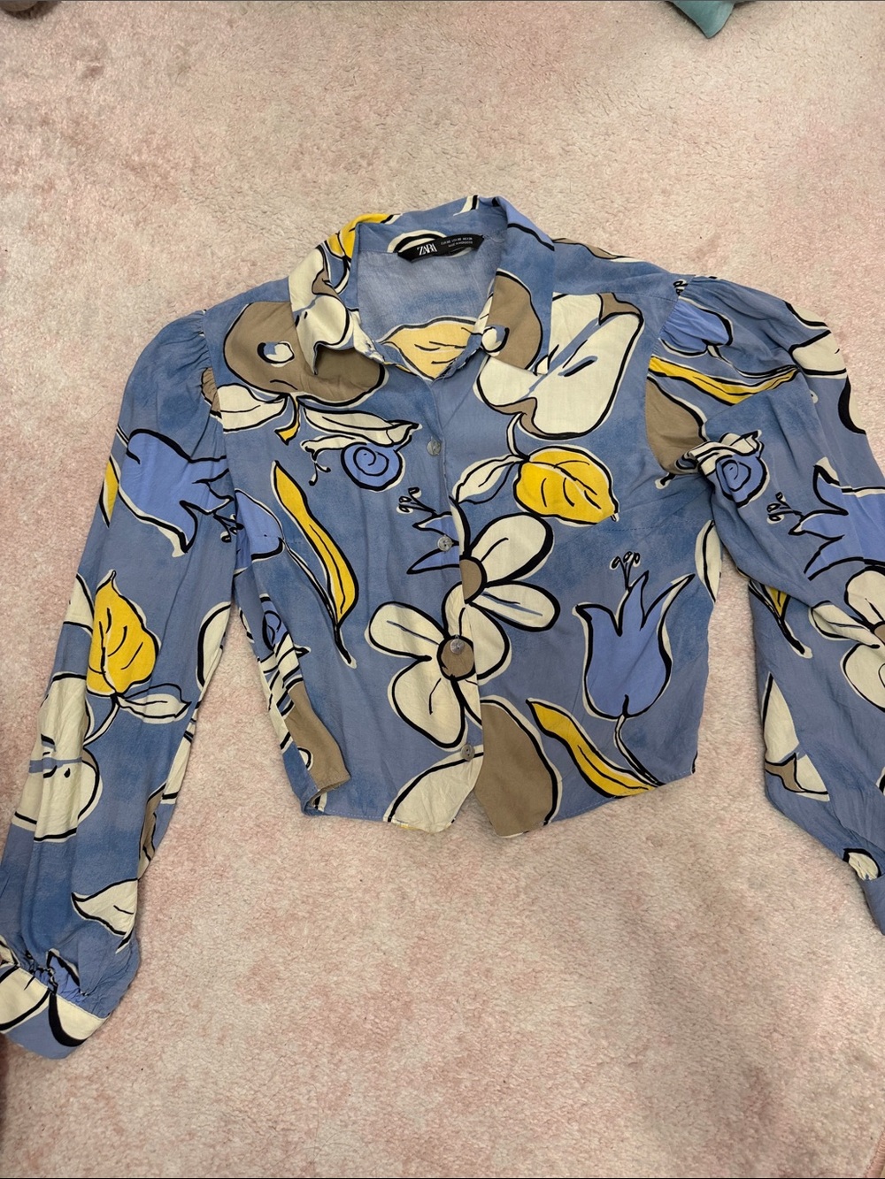 Zara Light Blue Floral Print Cropped Blazer